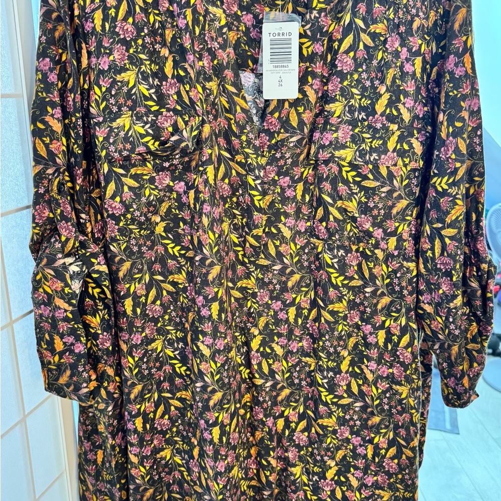 torrid Black Floral V-Neck Long Sleeve Blouse with Pink & Yellow Print